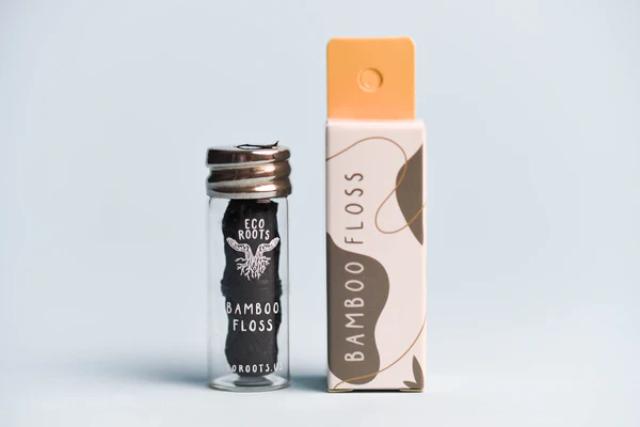 This zero-waste dental floss is made from bamboo fiber with activated charcoal and comes packaged in a refillable glass container.