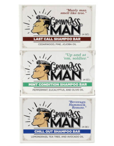 Grown Ass Man Shampoo Bars Come In Three Woodsy Scents. Photo: ©grownassman.co