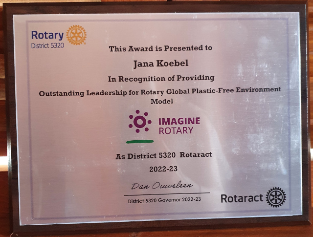 Award in Recognition of Providing Outstanding Leadership for Rotary Global Plastic-Free Environment Model