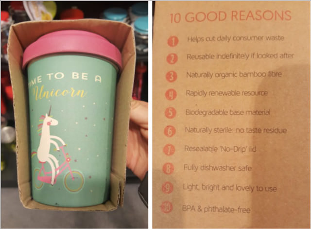 A lovely, biodegradable bamboo cup, packaged in cardboard