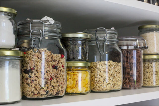 Repurpose used jam or honey jars to store everything from nuts, grains, rice, sugar, to handmade facial cream or toothpaste