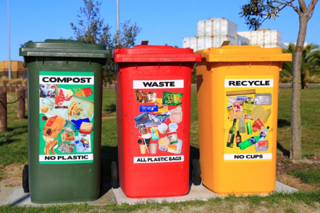Labeled garbage bins encourage proper waste segregation.