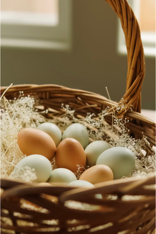 Use a basket made of real wood and line it with grasses or straw.