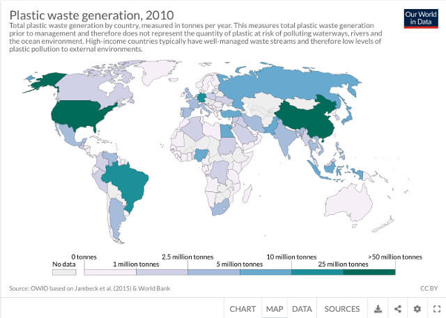 Plastic Waste Generation in 2010. Photo curtesy of A World in Data under Creative Commons Licence