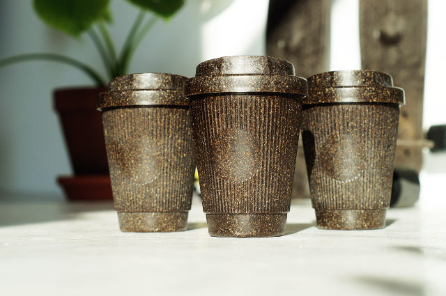 Ask your guests to bring a reusable cup like this one made of coffee grounds. Photo: ©WeDucer