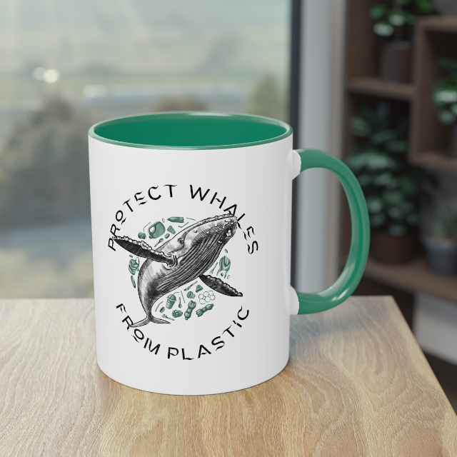 Beautiful, unique mugs for ocean lovers."Protect Whales from Plastic"
