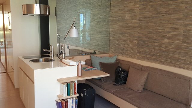 The kitchenette with the desk and cozy corner - Soulmade Hotel. Photo: Seas & Straws